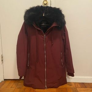 Zara maroon coat with black fur hood